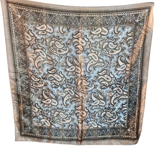 Lt Blue Black White Silver Paisley Satin Scarf Western Wild Rage Boho Chic 23" - Picture 4 of 11